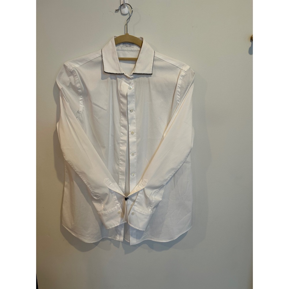 Brunello Cucinelli White Monili Bead Trim Cotton Shirt M0091NB426USA Size L (37)